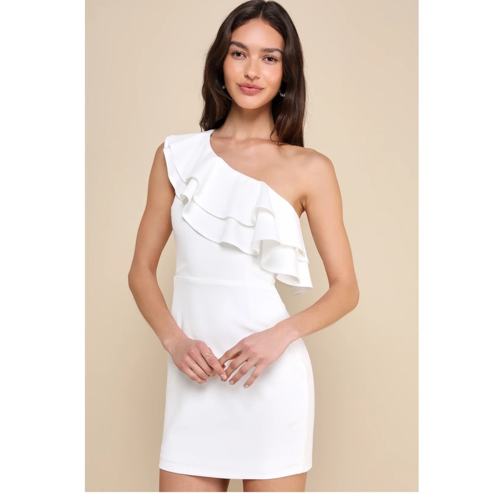 One-Shoulder White Ruffle Mini Dress